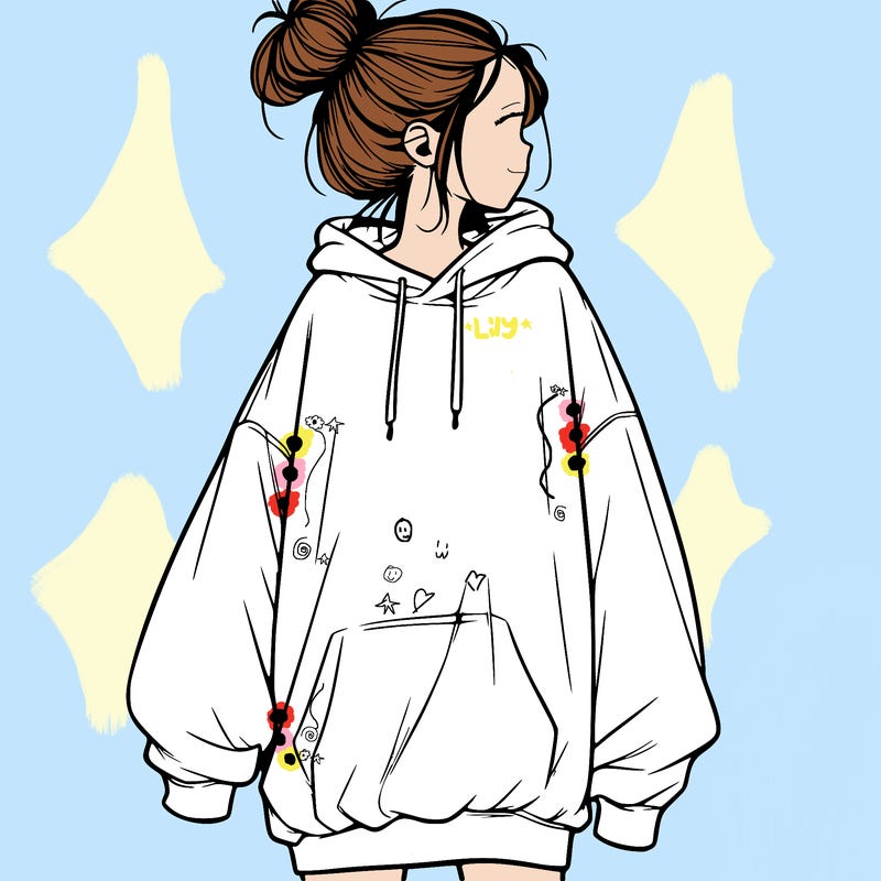 realistic girl with a oversized sweatshirt on and a bun