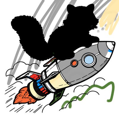 realistic raccoon flying on top rocket ship