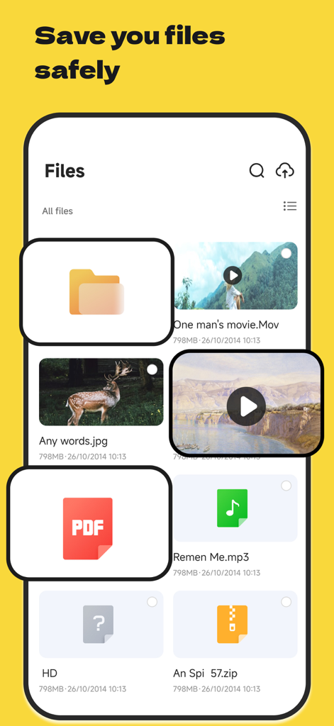 Sophon - Secure Cloud Storage - Sophonアプリのインターフェイス。フォルダ、ビデオ、PDF、画像が表示される安全なファイル管理システム。