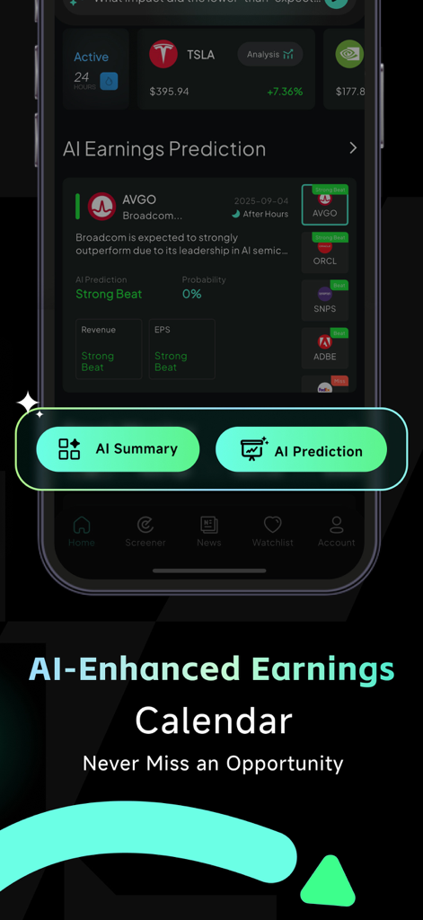 Intellectia: AI Trading Signal - Intellectia Mobile App-Oberfläche mit KI-gestützten Gewinnprognosen und Börsenzusammenfassungen.