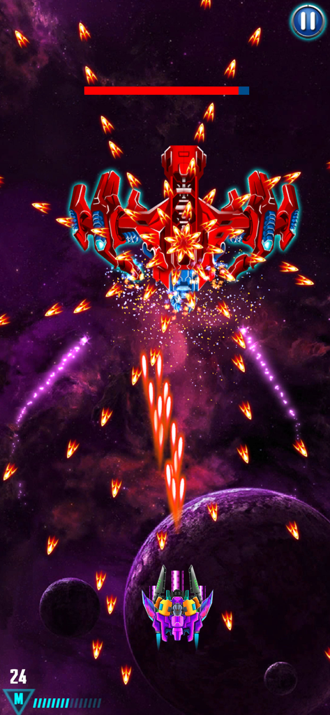 A spaceship engaged in a classic arcade style boss battle in Galaxy Attack Alien Shooter.