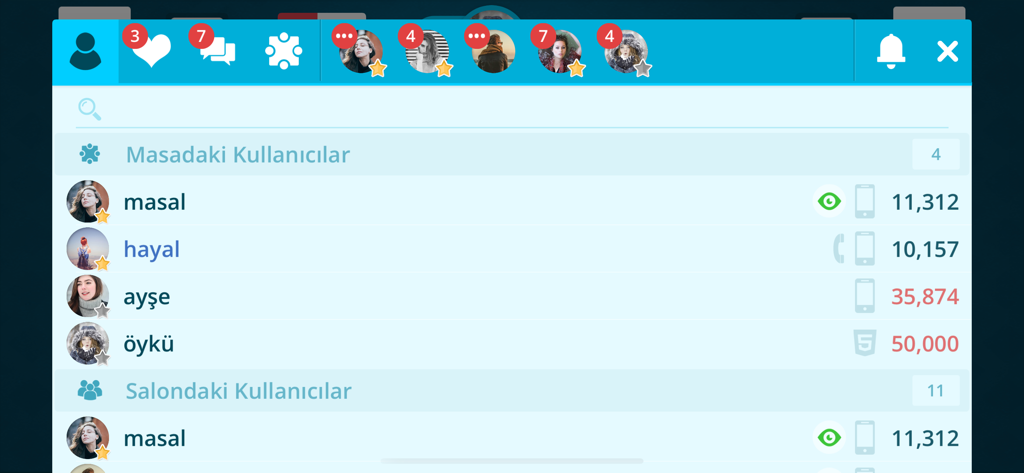 User interface of Okey and Banko app showing a list of players at the table and in the lounge with point totals and social icons.