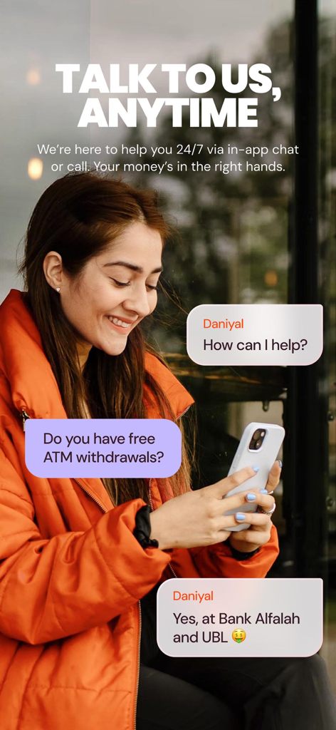 A woman using the NayaPay app in-app chat feature for 24/7 customer support