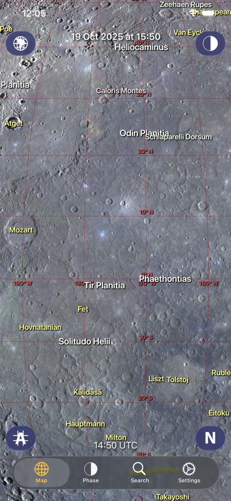 Mercury Atlas - マーキュリー・アトラスアプリの座標グリッドとともに、命名されたクレーターと特徴を示す水星の表面の詳細なマップビュー。