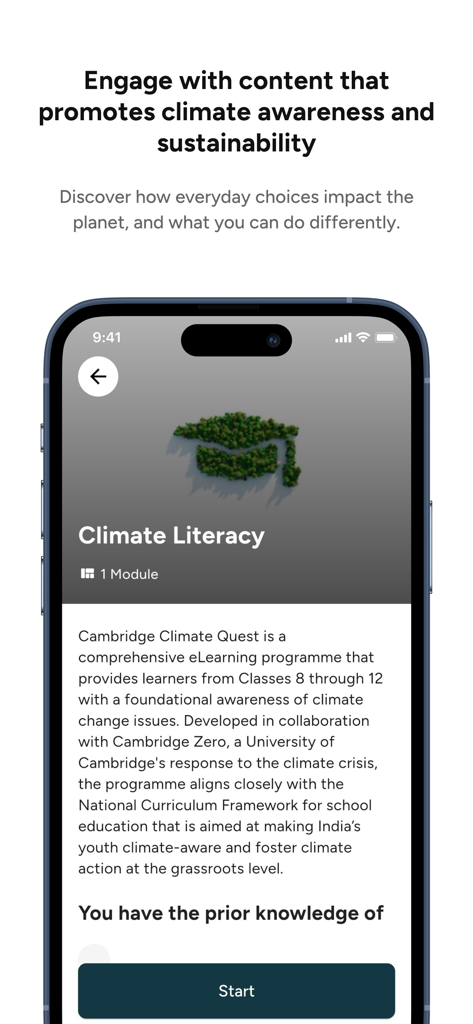 Interface de l'application Cambridge Active Learn montrant le module de cours sur la littératie climatique