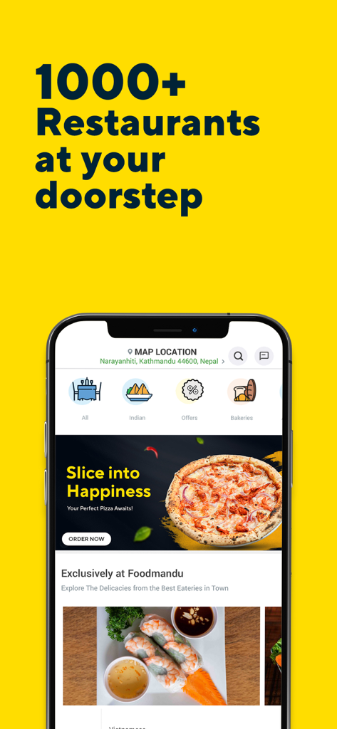 A smartphone screen displaying the Foodmandu app interface with various food categories and restaurant options in Nepal.