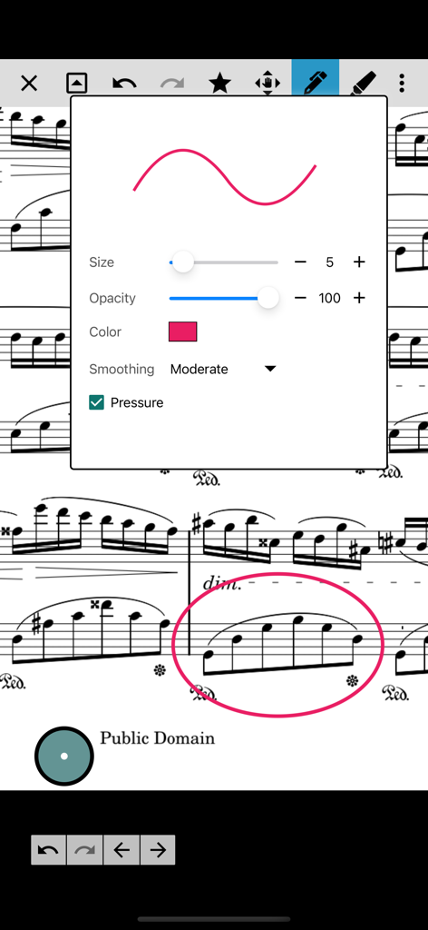 MobileSheetsLiteアプリのデジタル楽譜スコア上に、注釈および描画ツール設定メニューが表示されています。