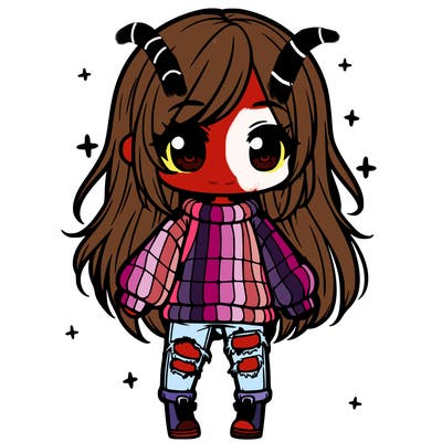 chibi girl with ripped jeans,long hair, and an oversized sweater
