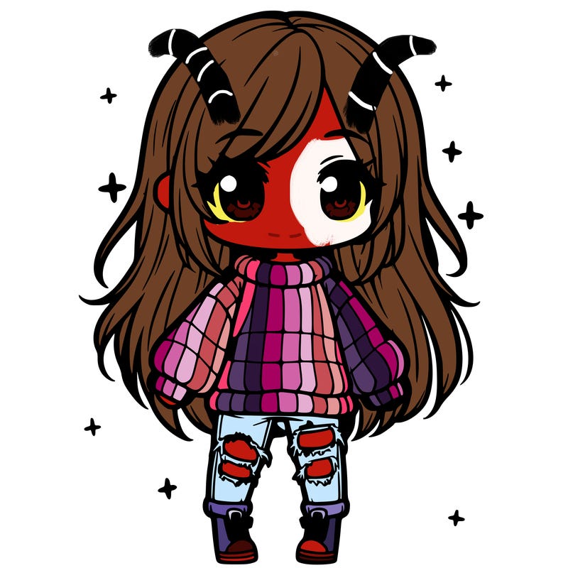 chibi girl with ripped jeans,long hair, and an oversized sweater