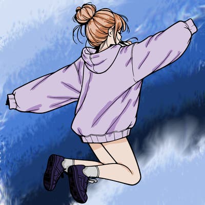 realistic girl jumping with a bun and oversized sweatshirt