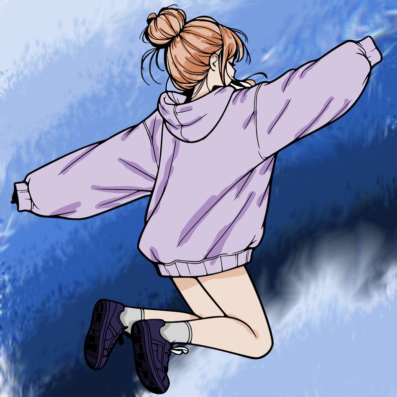realistic girl jumping with a bun and oversized sweatshirt