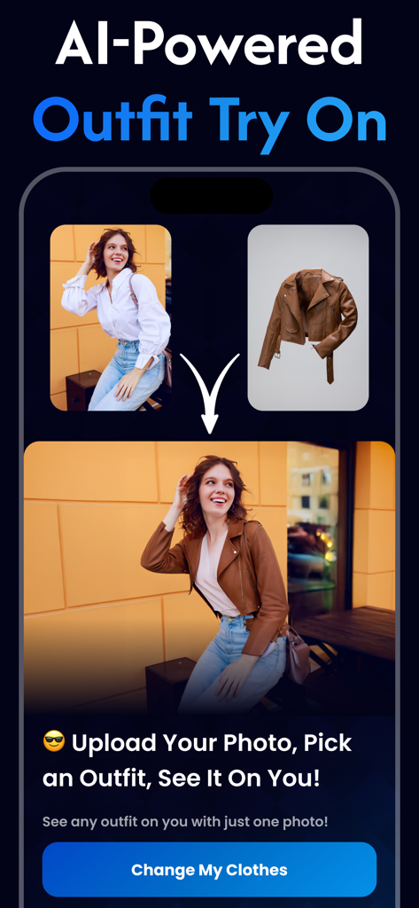 AI Clothes Changer: Cloti - A woman using the Cloti app to virtually try on a brown leather jacket using AI technology.