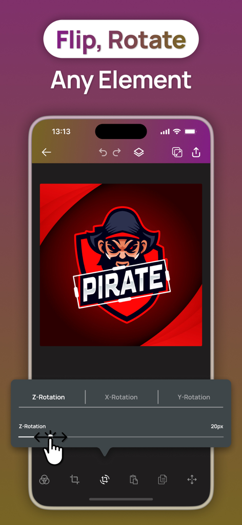 Gaming Logo Maker Esport Logo - Mobile app interface showing the rotation editing tool for a pirate themed gaming logo design