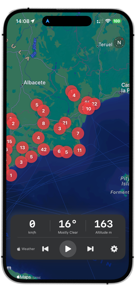 DGT Cameras - Interface of DGT Cameras app showing speed camera clusters on a map of Spain with driving dashboard