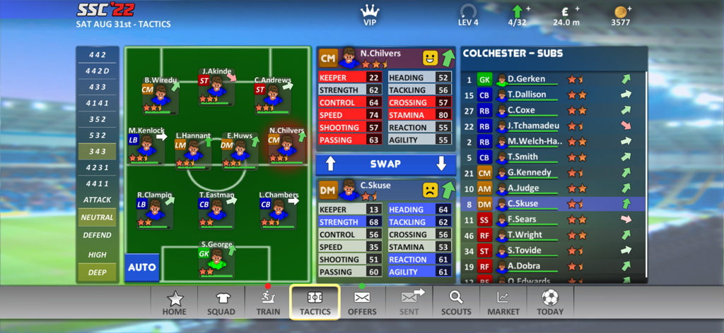 SSC '22 - Super Soccer Champs - Tactics and team formation screen in Super Soccer Champs 22 showing player stats and substitutes