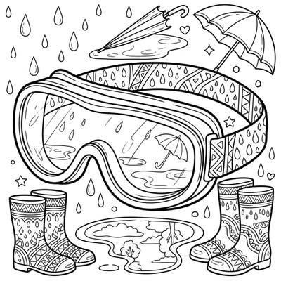 Embrace the beauty of a rainy day with this unique coloring page featuring a cool pair of goggles. Intricate details of raindrops, umbrellas, and puddles invite you to color a vibrant scene indoors.