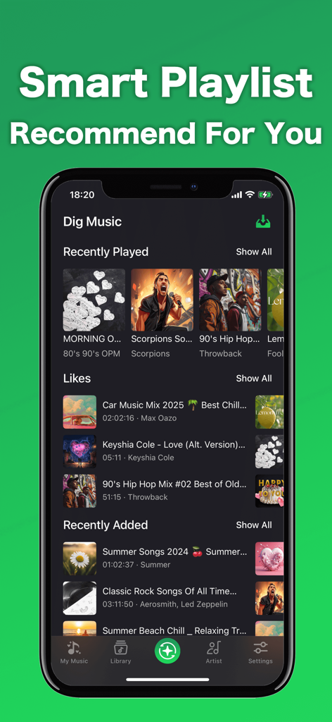 Dig Music-Offline Music Player - Smartphone screen showing the Dig Music app interface with smart playlist recommendations and music library categories.