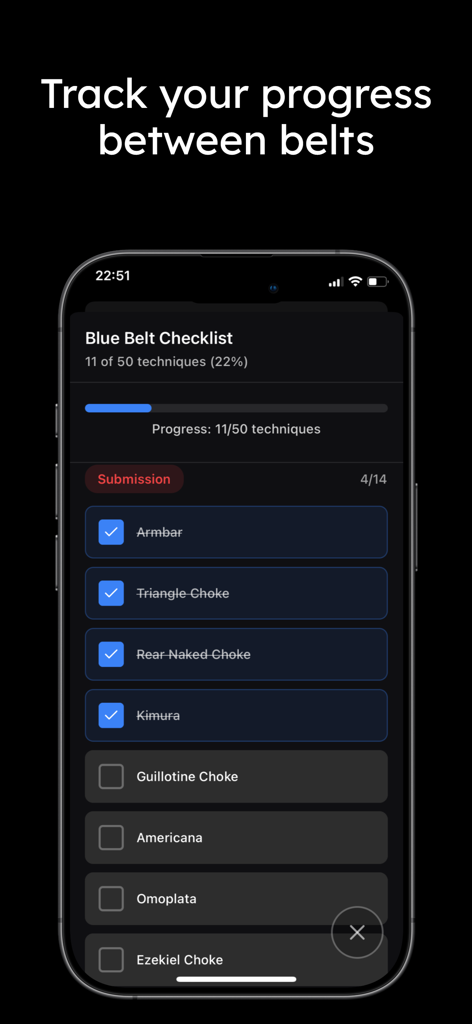 FlowRoll - BJJ Training Pal - FlowRoll mobile app screen displaying a BJJ blue belt technique checklist with progress tracking for submissions like Armbar and Triangle Choke.