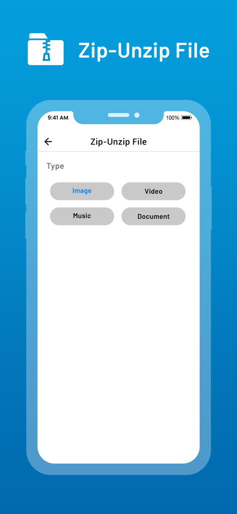Unarchiver : Zip Unzip Tool - Smartphone screen of the Unarchiver app displaying file categories for image video music and document compression