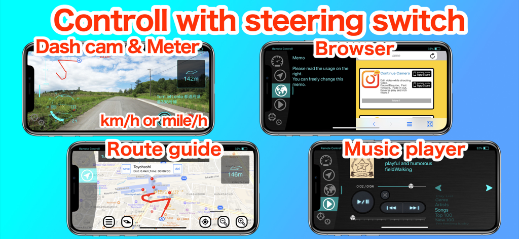 DashCam HUD app interface showing dashcam meter route navigation and music player screens