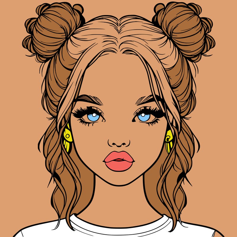 realistic girl with two buns in hair and lips
