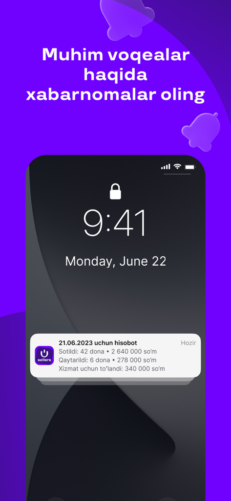 Uzum Sellers app push notification on a smartphone lock screen displaying a daily sales report summary