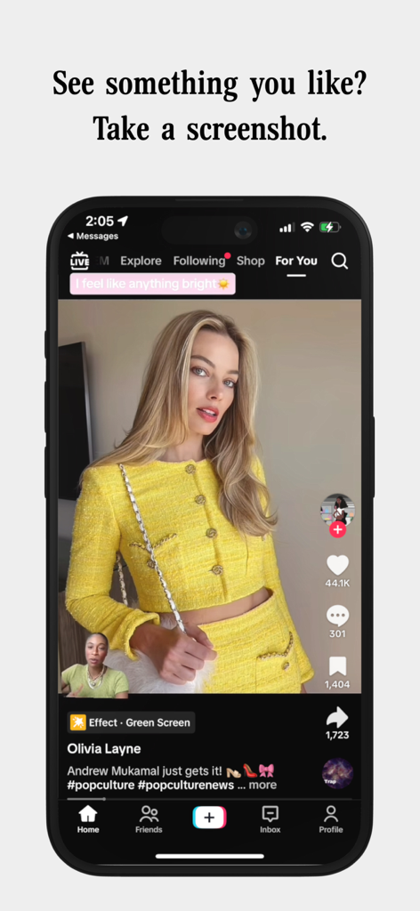 Retrodrip: Try-on screenshots - A smartphone displaying a fashion influencer on TikTok with the text See something you like Take a screenshot.
