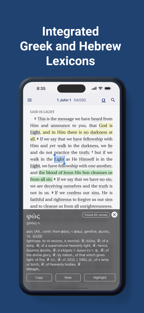 Literal Word app showing an integrated Greek lexicon entry for the word light in a Bible verse.