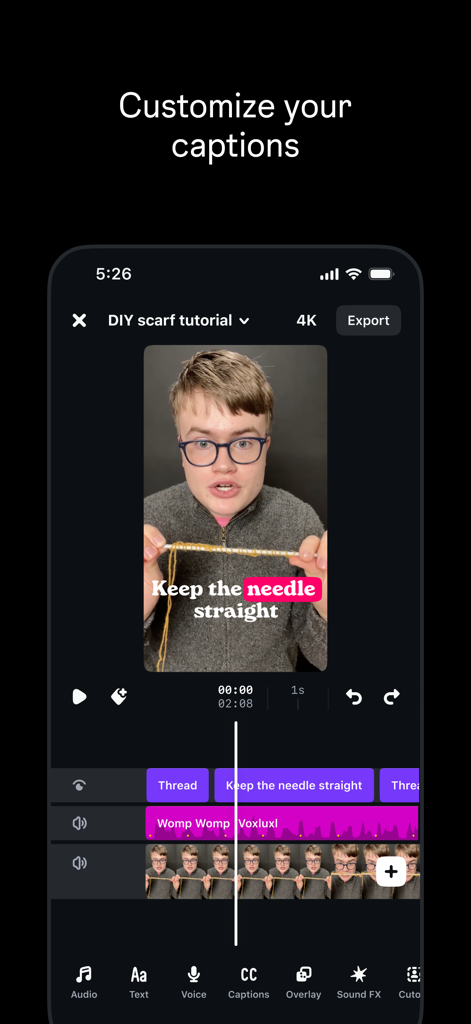 Interface móvel do editor de vídeo Edits exibindo legendas personalizadas em um tutorial em vídeo