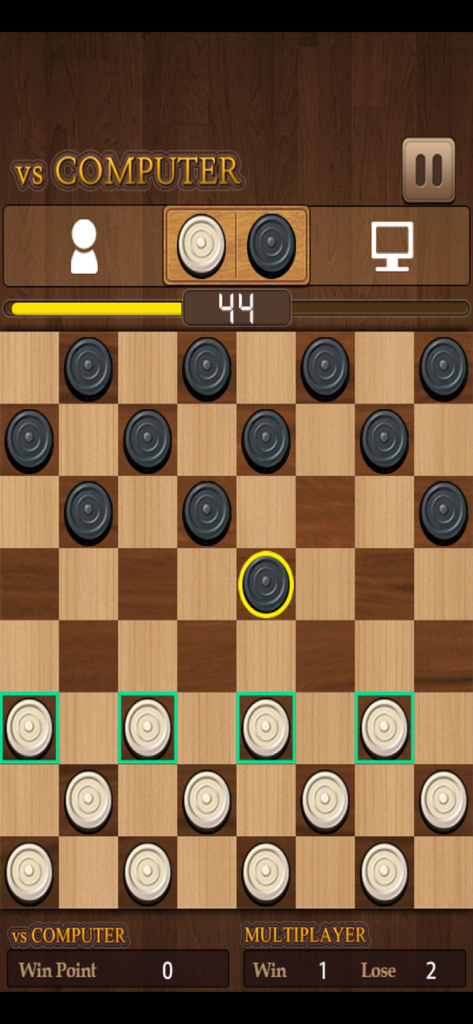 King of Checkers gameplay screen showing a match against the computer