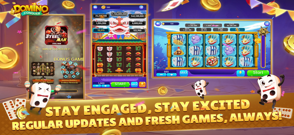 Conquer Domino - A showcase of vibrant themed slot and bonus games within the Conquer Domino app highlighting regular game updates