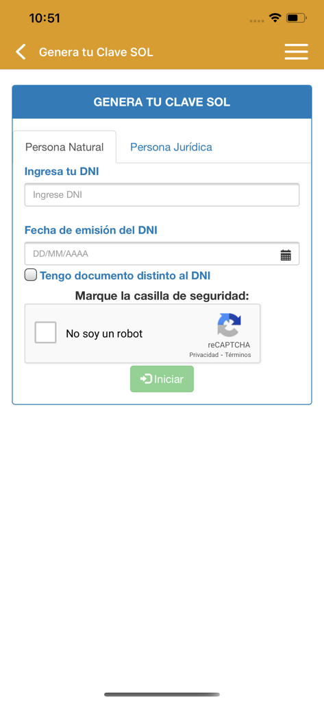 Interface do APP Personas para gerar uma chave SUNAT SOL com campos para DNI e data de emissão