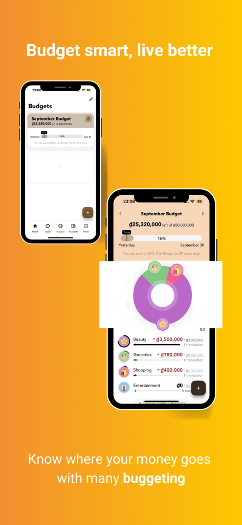 XMoney: All Your Money Moves - XMoney app dashboard showing monthly budget progress and spending categories chart