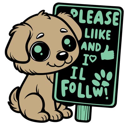 a cute puppy holding a sign that says please like and i will follow