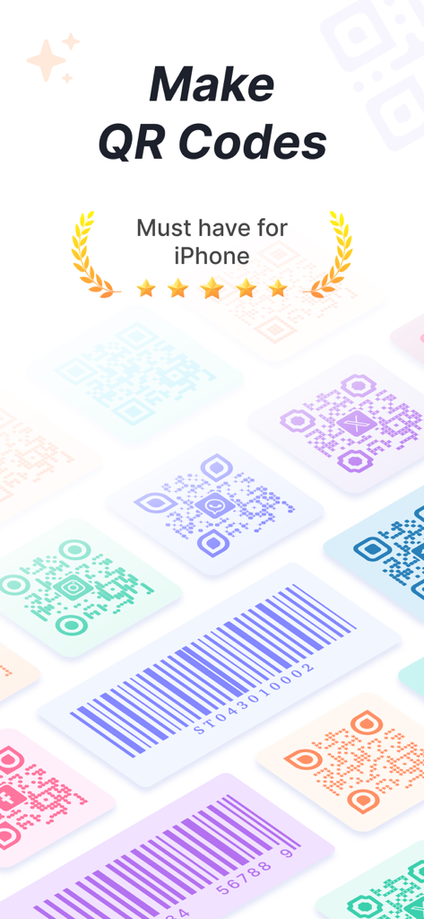 iPhone 화면에 표시된 다채롭고 맞춤화된 QR 코드 및 바코드 모음