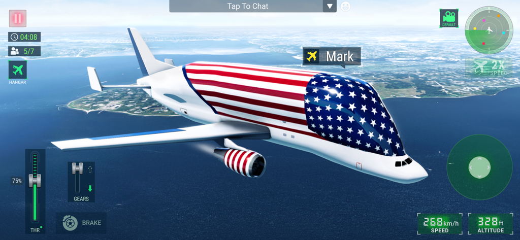 A cargo plane with a United States flag livery flying over water in Flight Simulator 2025