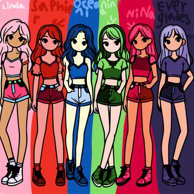 a group of girls wearing crop tops and shorts