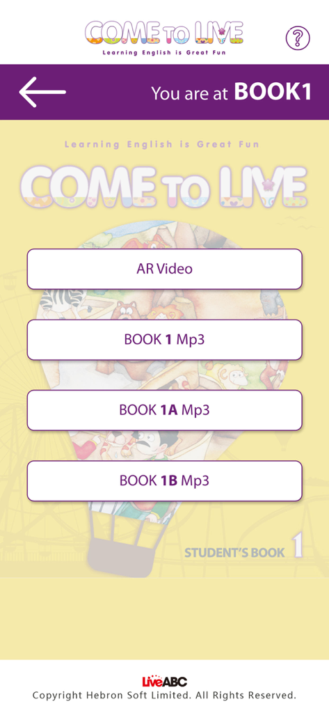 Come To Live AR app menu for Book 1 showing options for AR video and MP3 audio files.