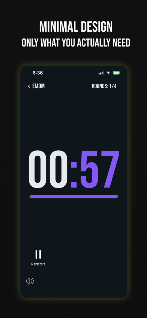 Workout Timer by KBMH - Display dell'app Workout Timer che mostra un grande timer conto alla rovescia EMOM con un design minimale e numeri chiari.
