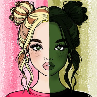 realistic girl with two buns in hair and lips