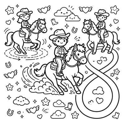 Unleash your creativity with this delightful Kawaii Reining Riders coloring page, where adorable equestrians showcase their skills. Dive into a world of cute horses, dynamic reining patterns, and charming background elements ready for your colorful touch.