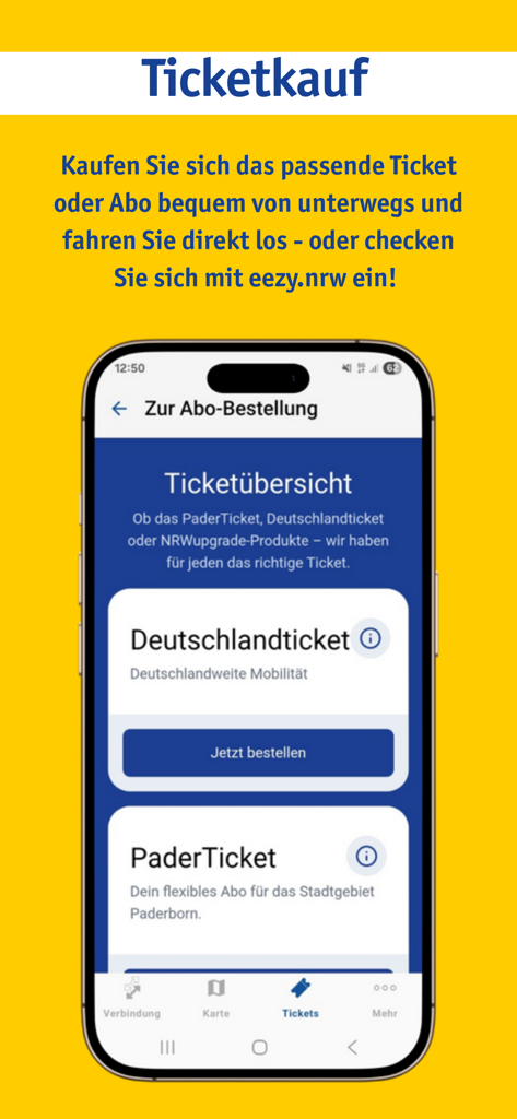 PaderSprinter Mobil - Interface of the PaderSprinter Mobil app showing options to purchase Deutschlandticket and local Paderborn transit tickets