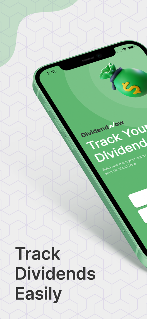 DividendNow app splash screen on an iPhone with the text Track Dividends Easily