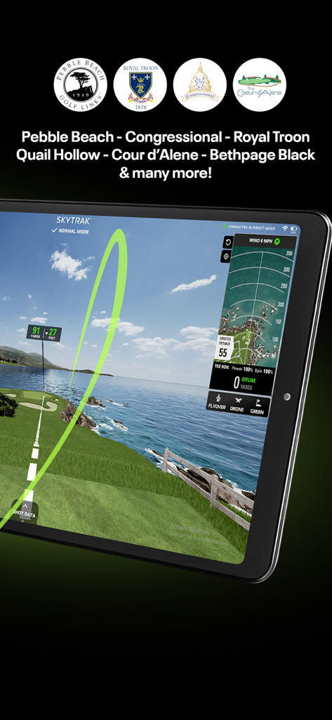 The SKYTRAK app on an iPad displaying a 3D golf course simulation with a green ball flight line over a coastal fairway.