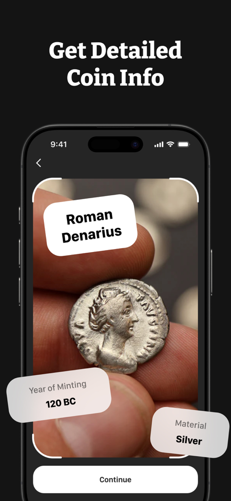 AI Lens Scanner - Image Search - Mobile app screen showing AI recognition of an ancient Roman silver coin with detailed historical information
