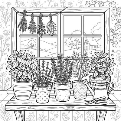 Bring the tranquility of a cottagecore home to life with this delightful indoor herb garden coloring page. Perfect for plant lovers and those seeking a peaceful, creative escape.