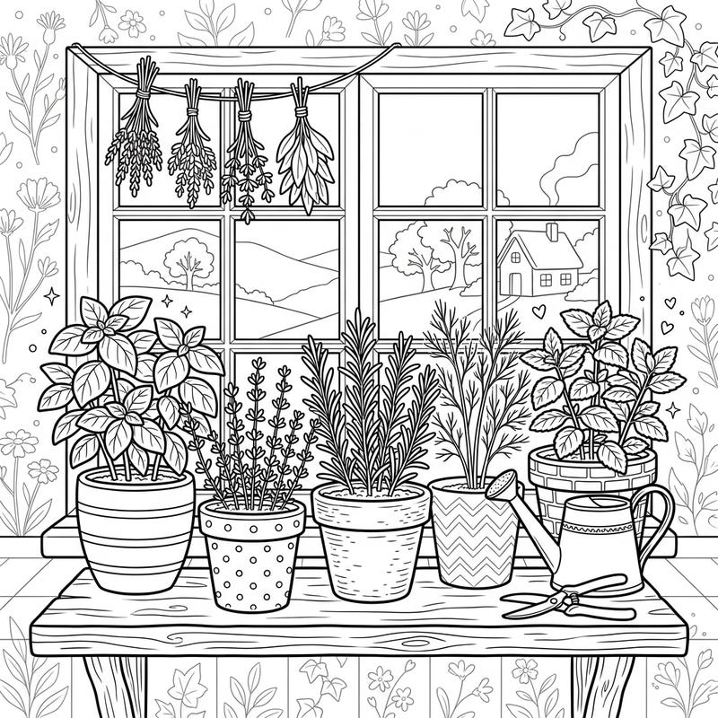 Bring the tranquility of a cottagecore home to life with this delightful indoor herb garden coloring page. Perfect for plant lovers and those seeking a peaceful, creative escape.