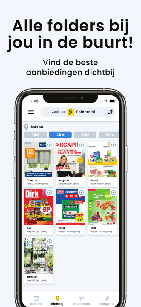 Folders.nl mobile app interface showing a grid of local store brochures and weekly circulars from retailers like Jumbo, Aldi, and Dirk.