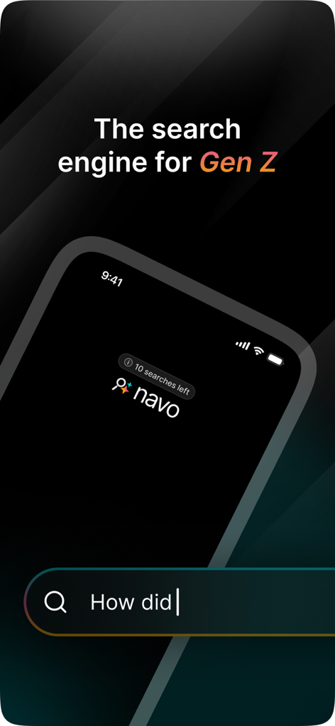 Captura de pantalla de la aplicación Navo que muestra el lema El motor de búsqueda para Gen Z y una interfaz de búsqueda móvil con tema oscuro.