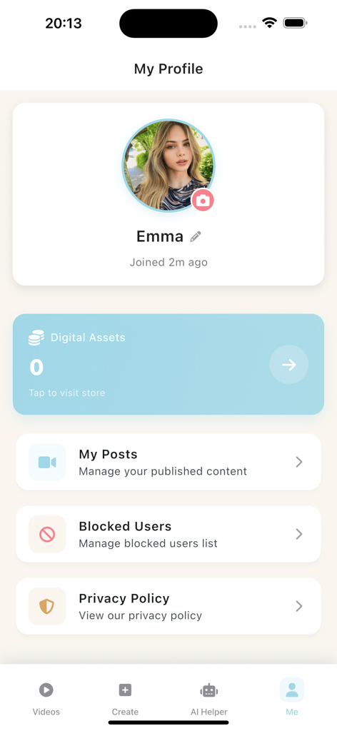 Popi - Video & Connect - User profile page of the Popi app featuring account details and digital assets section